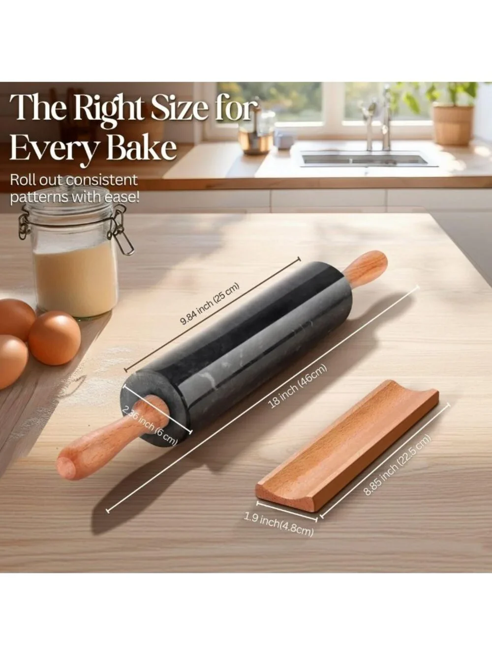 10-Inch Marble Rolling Pin with Wooden Handles & Cradle Stand for Baking Pastry